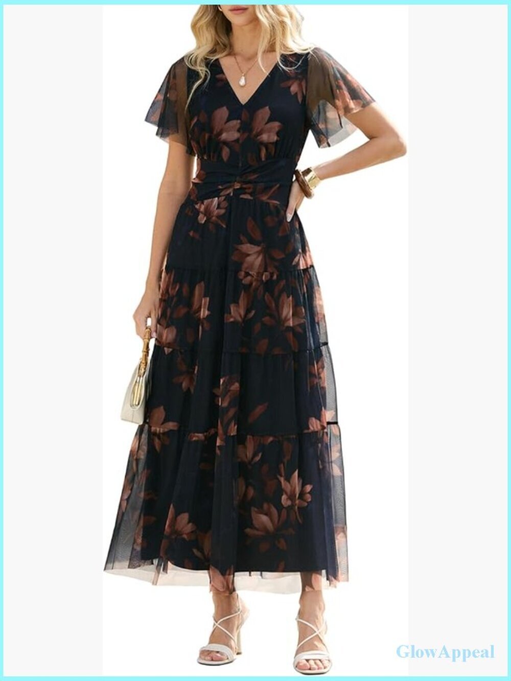 Women's Floral Maxi Dress Short Sleeve Flowy Tulle Wedding Guest Vacation